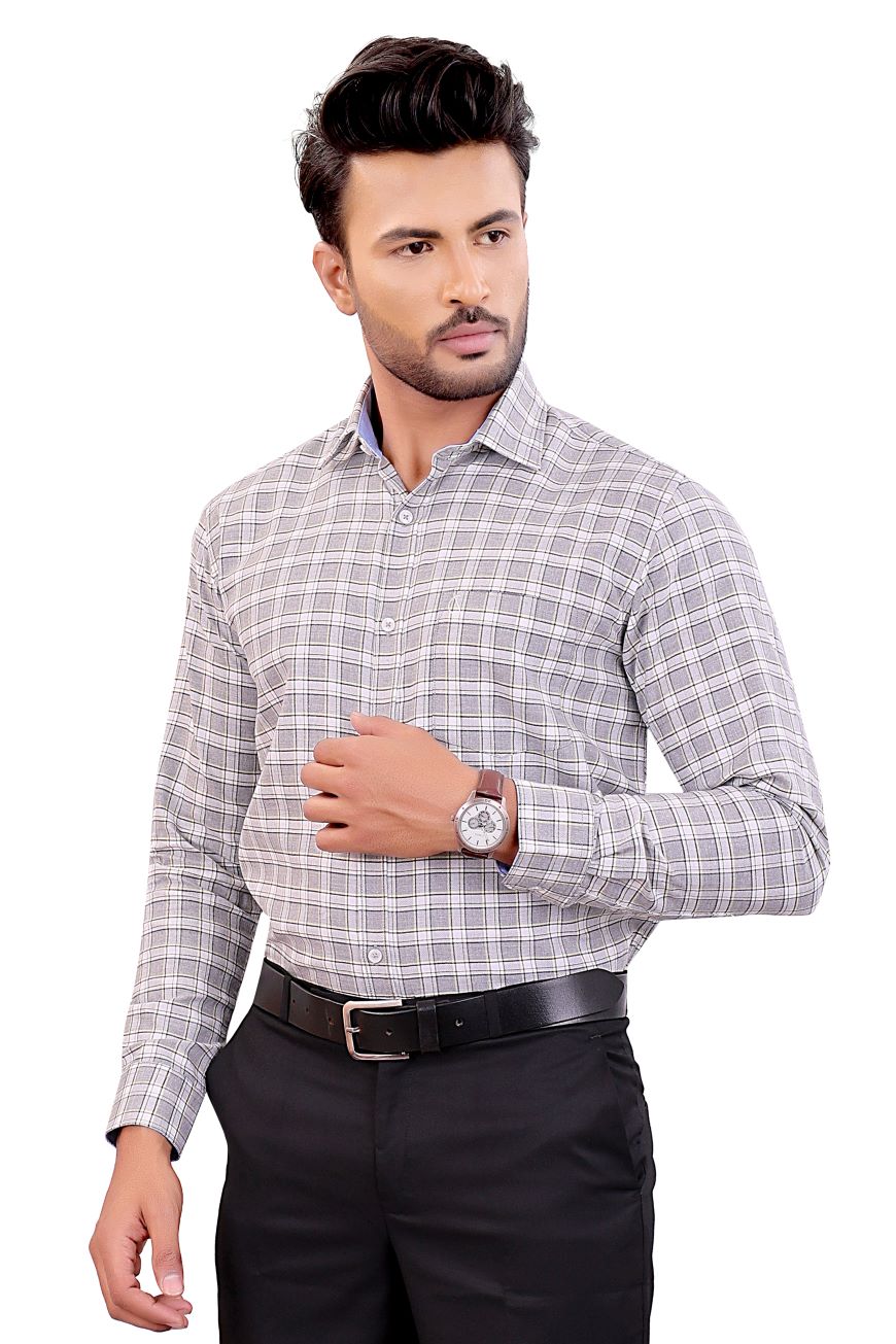 GREY CHECKED SLIM FIT FULL SLEEVES SHIRT