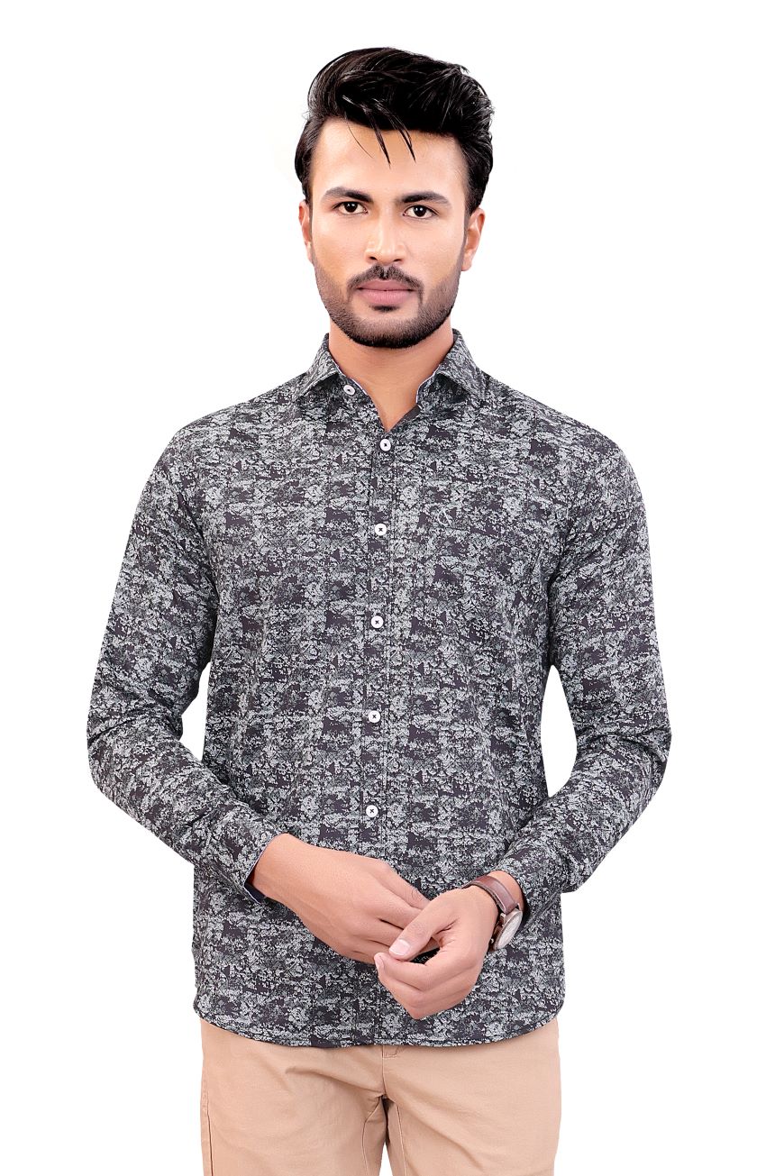 BLACK OLIVE GREEN PRINTED SLIM FIT FULL SLEEVES SHIRT