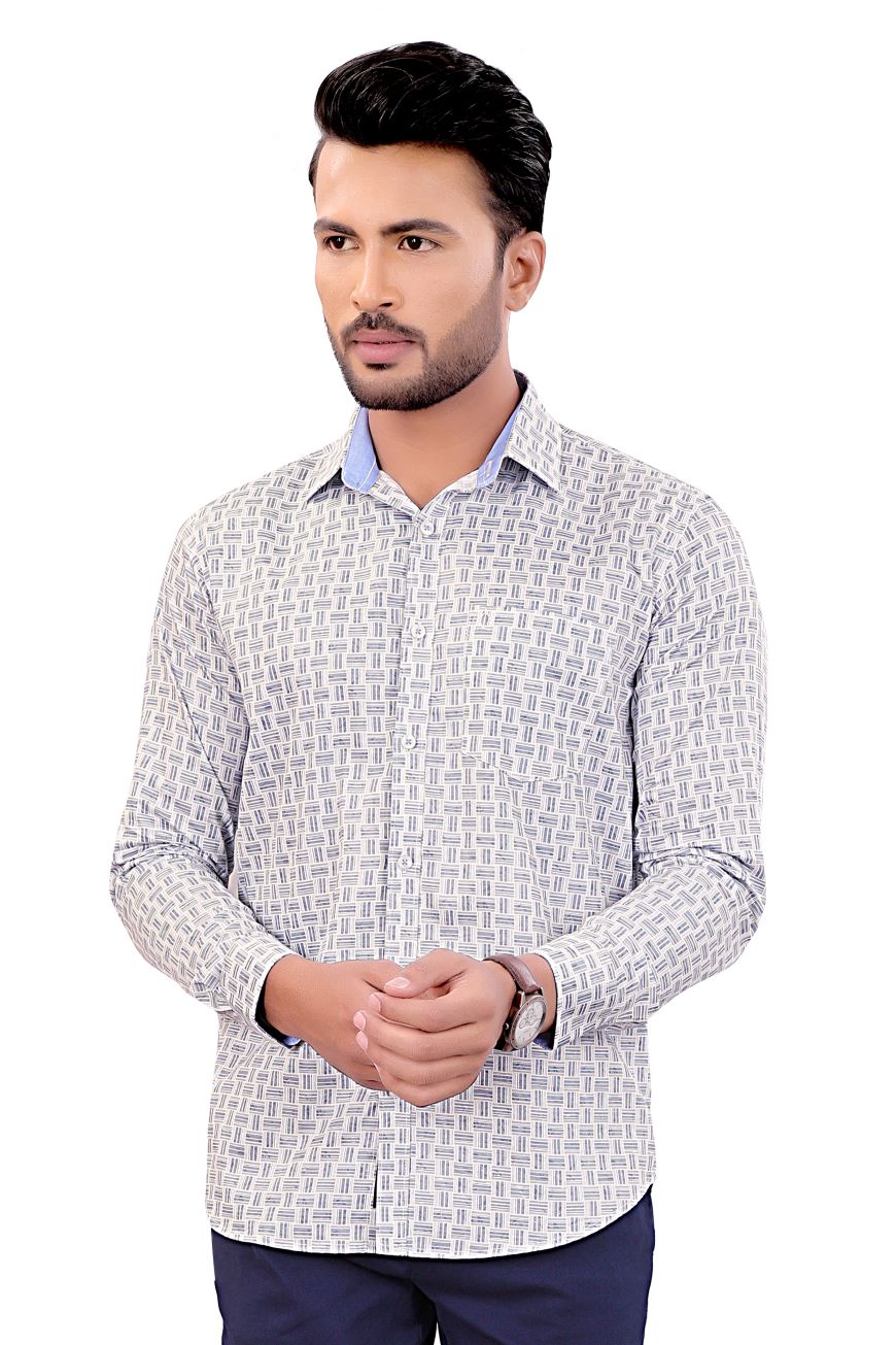 WHITE GREY PRINTED SLIM FIT FULL SLEEVES SHIRT