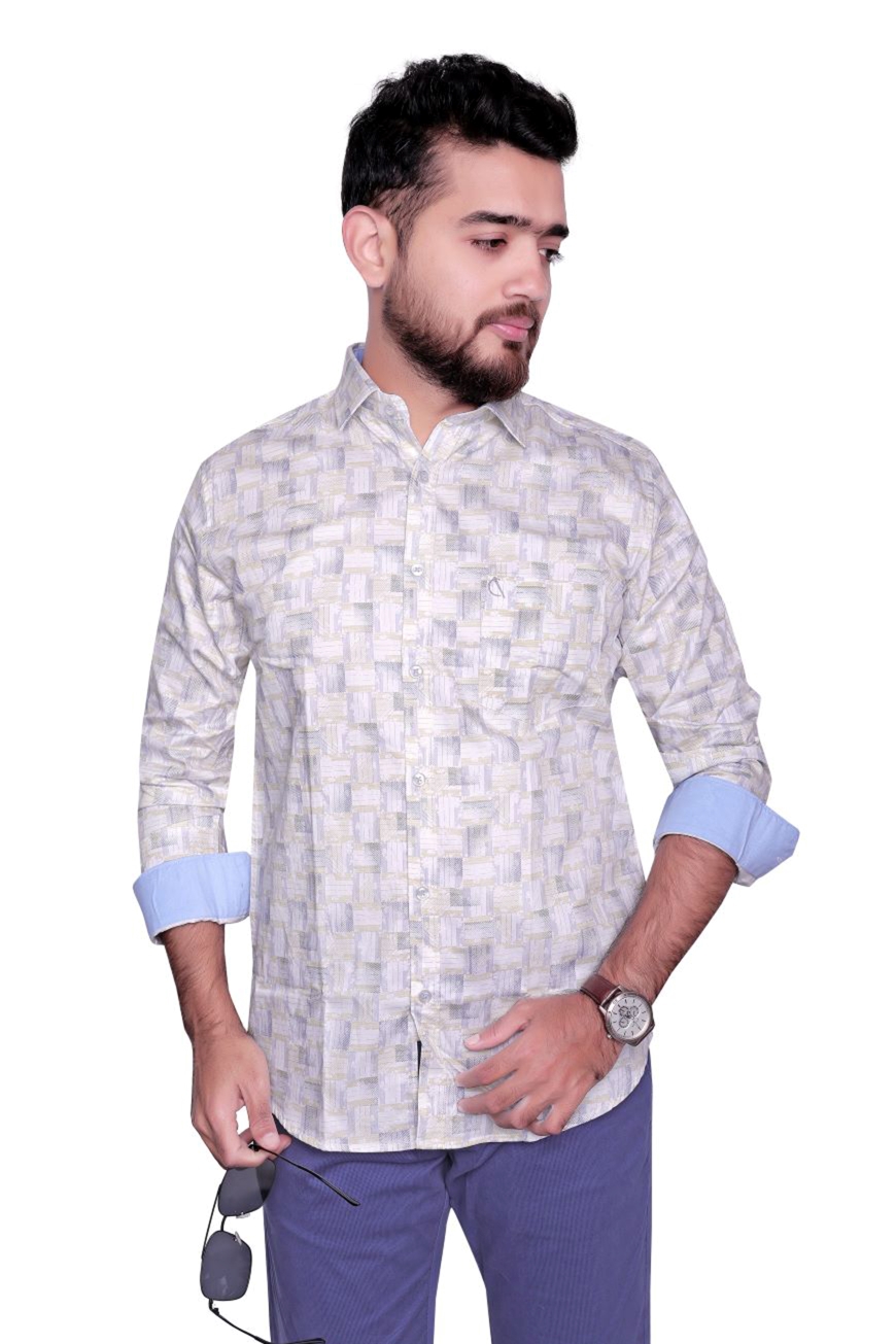 YELLOW PRINTED SLIM FIT FULL SLEEVES SHIRT