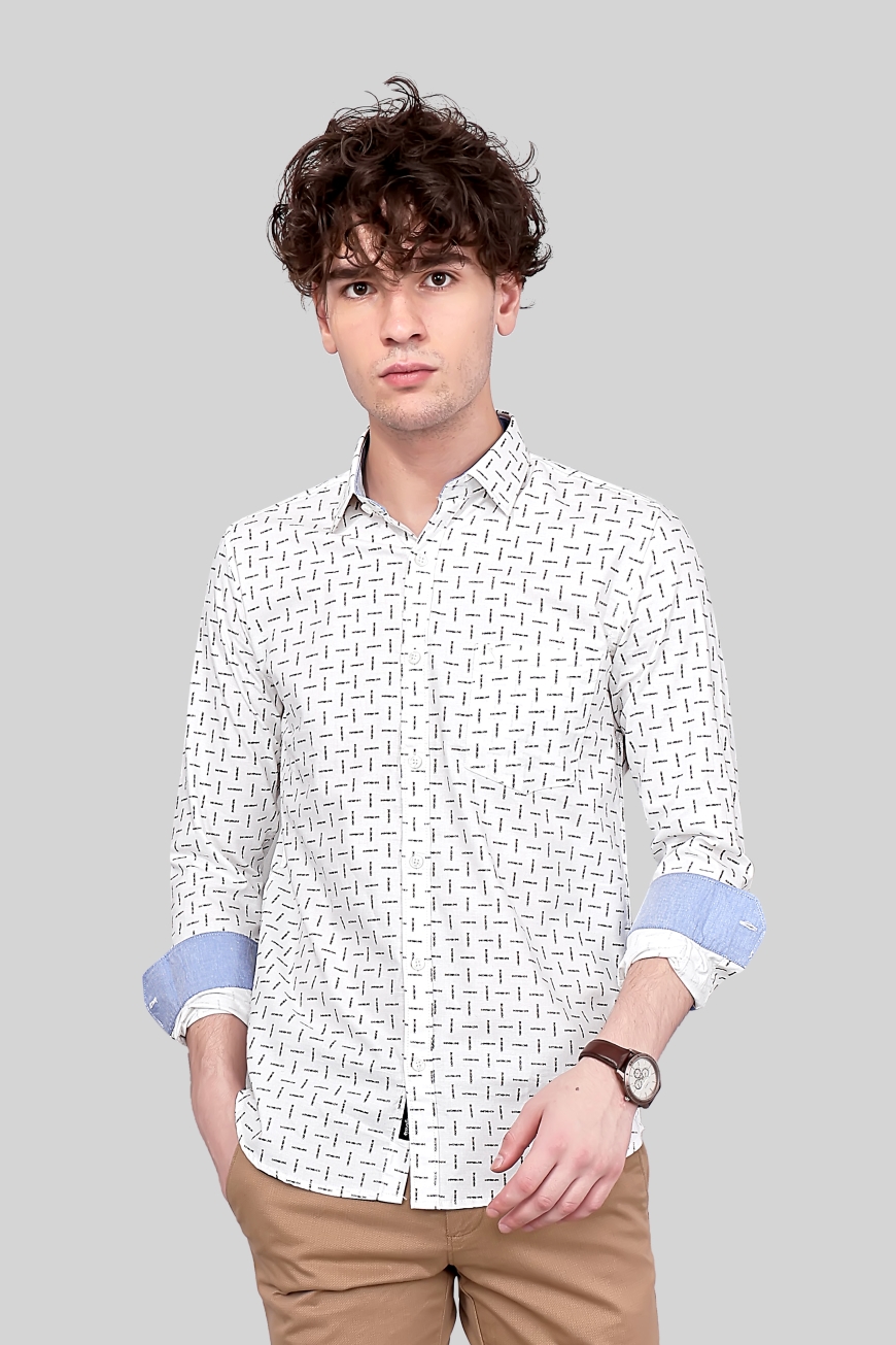 WHITE PRINTED SLIM FIT FULL SLEEVES SHIRT