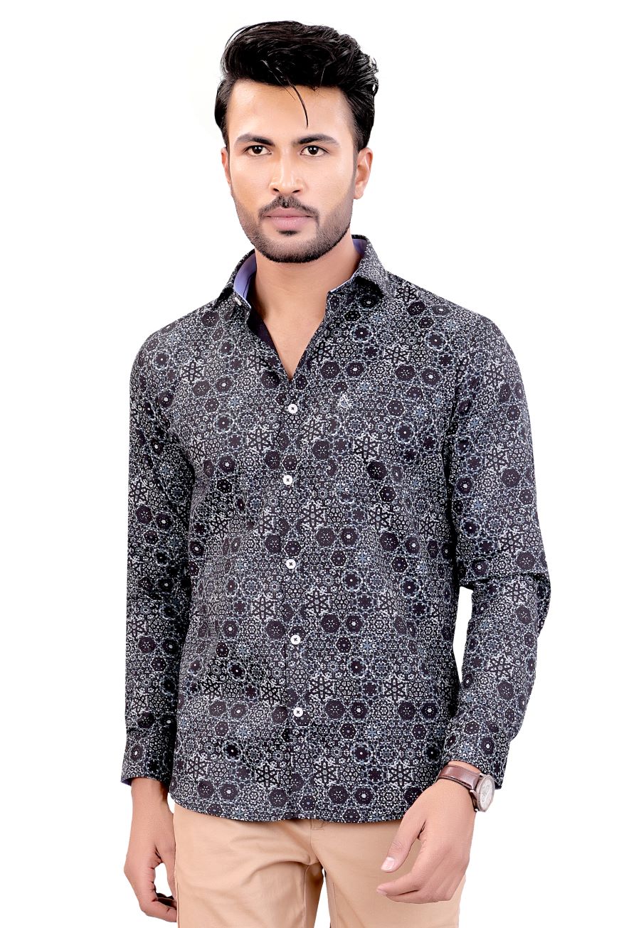 BLACK PRINTED SLIM FIT FULL SLEEVES SHIRT