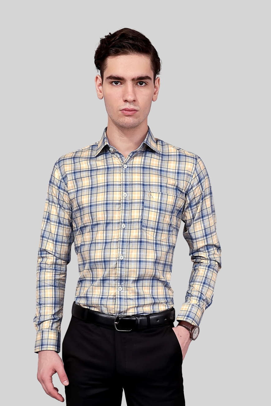 BROWN BLUE CHECKED SLIM FIT FULL SLEEVES SHIRT