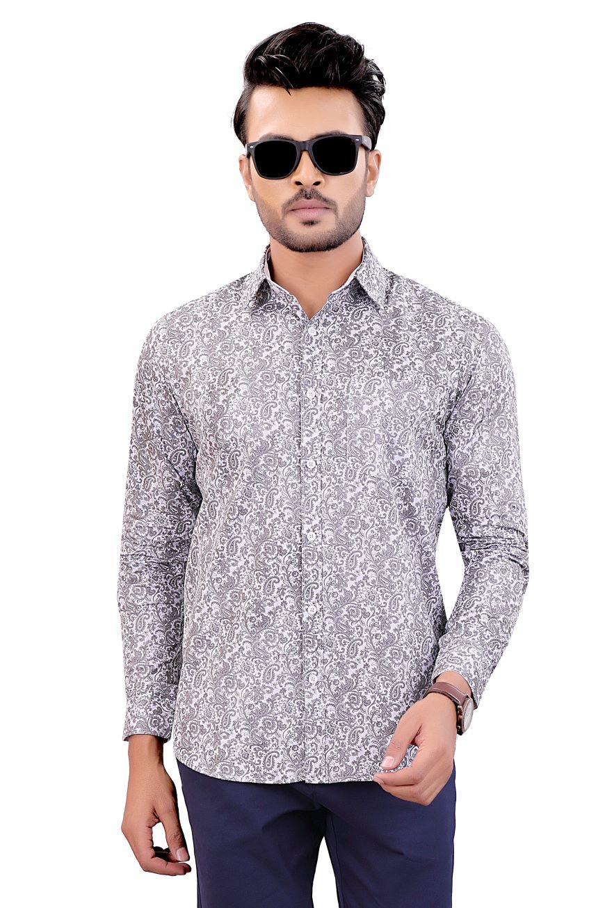 GREY PRINTED SLIM FIT FULL SLEEVES SHIRT