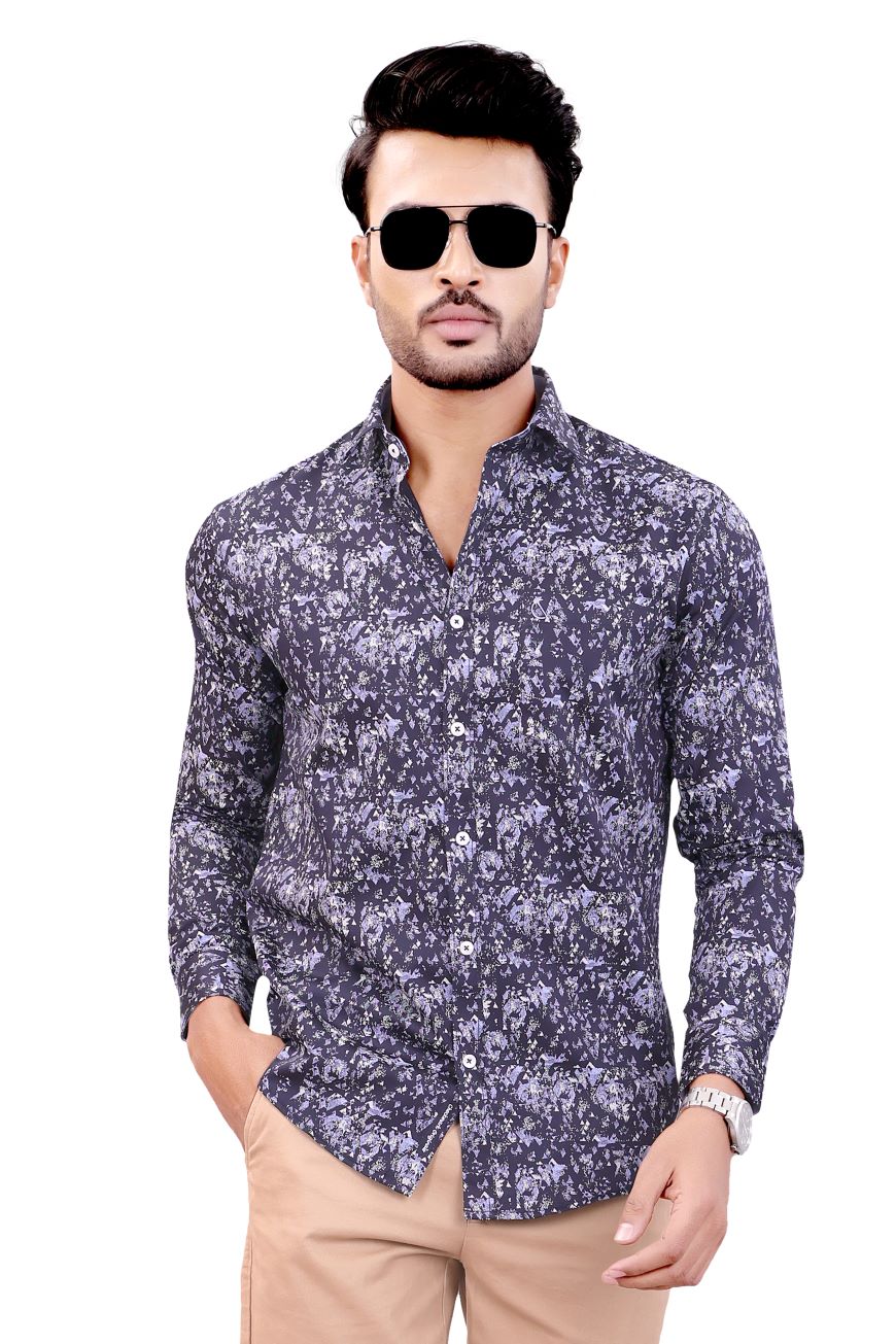 NAVY BLUE PRINTED SLIM FIT FULL SLEEVES SHIRT