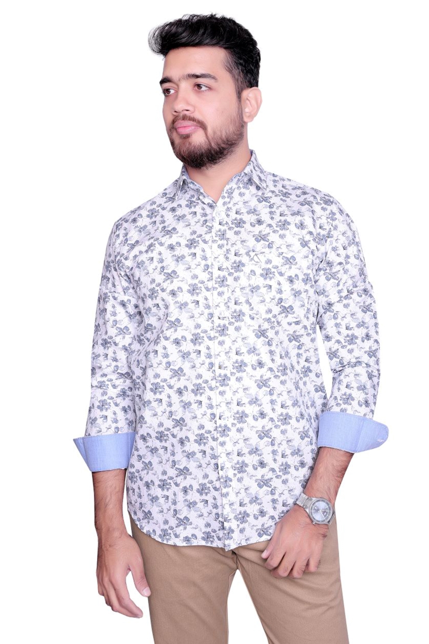 WHITE GREY PRINTED SLIM FIT FULL SLEEVES SHIRT