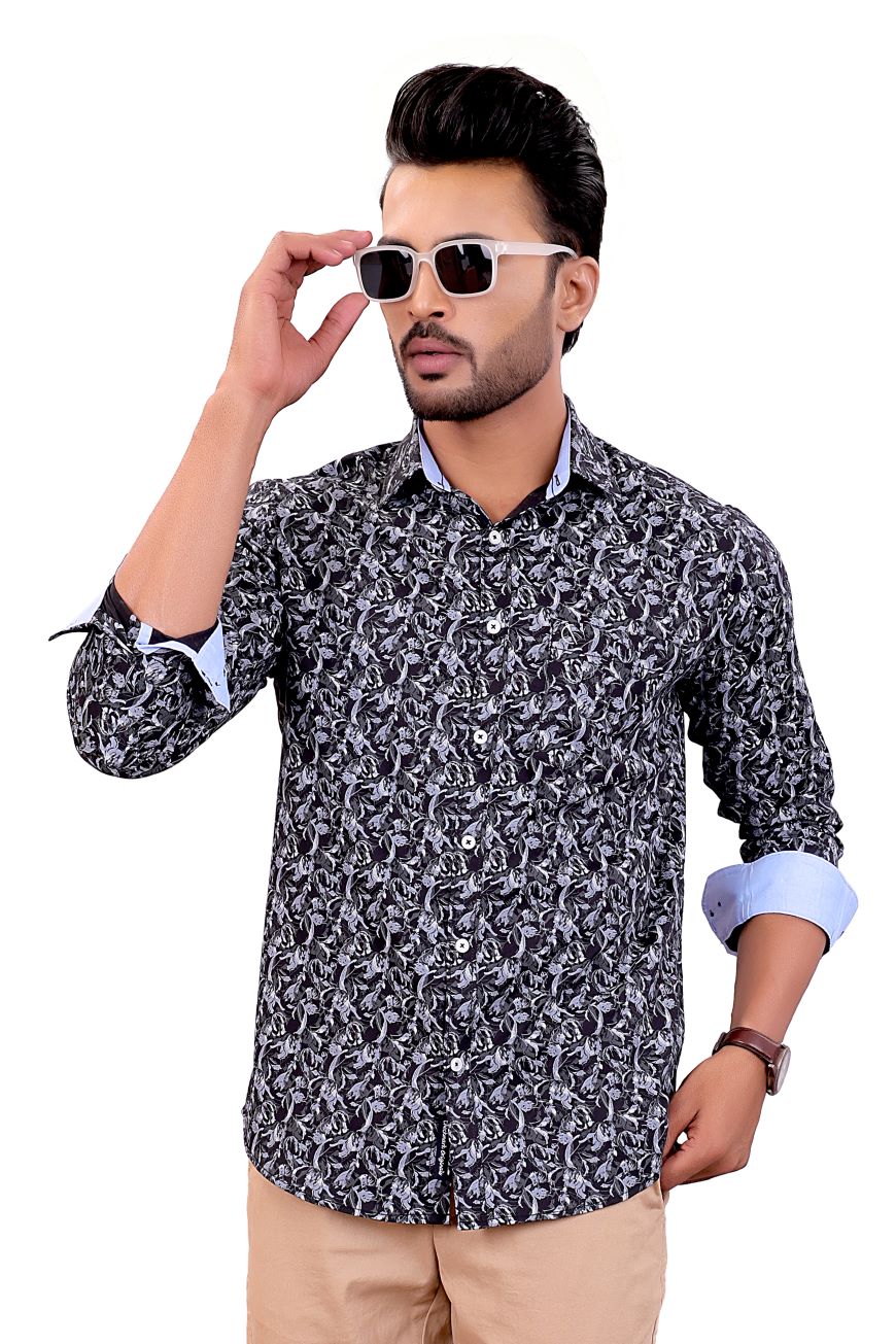 BLACK PRINTED SLIM FIT FULL SLEEVES SHIRT